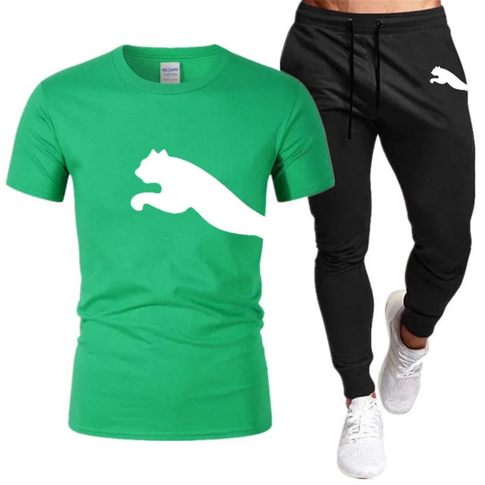 Men's Mesh T-shirt Sweatpants Suit Summer Fashion Casual Short-sleeved T-shirt Sportswear Outdoor Street Two-piece Set S-3XL