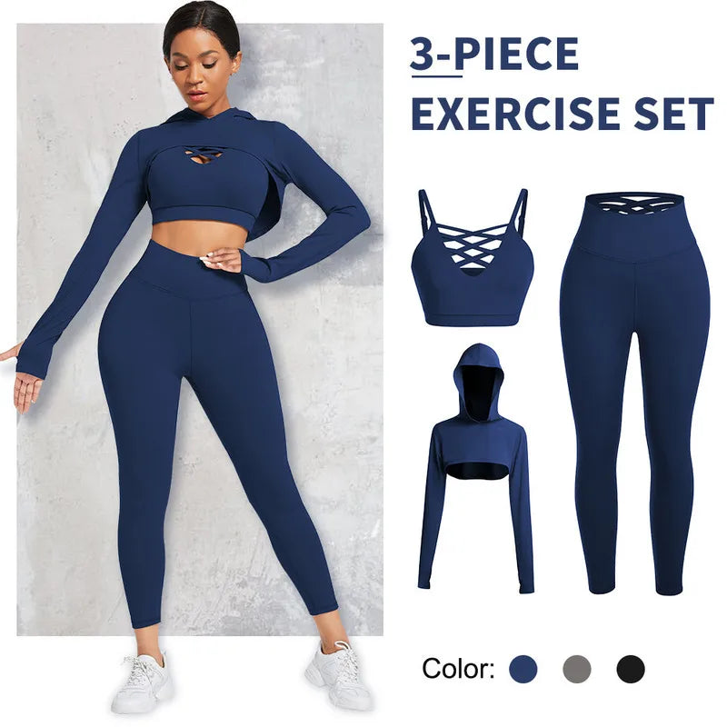 Fashionable Hot Selling Yoga Suit Set Cross Back Underwear Hooded Top Pants Three Piece Set Sports And Fitness Running Set