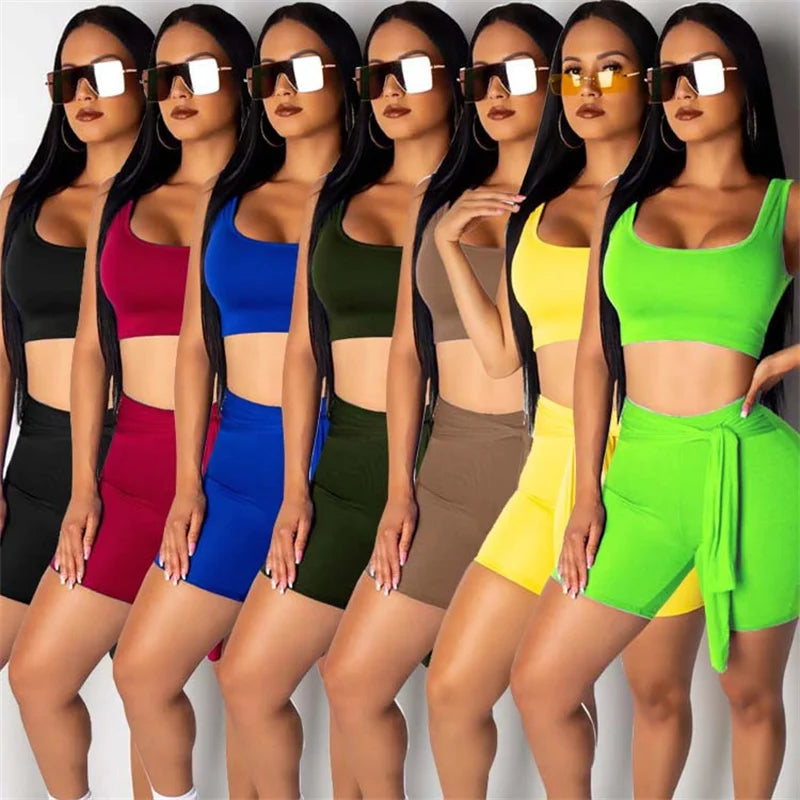 Summer Trachsuit Women Two Piece Suits Sporty Outfits U-neck Tank Crop Top and Lace-up Shorts Casual Fitness Matching Sets Yoga