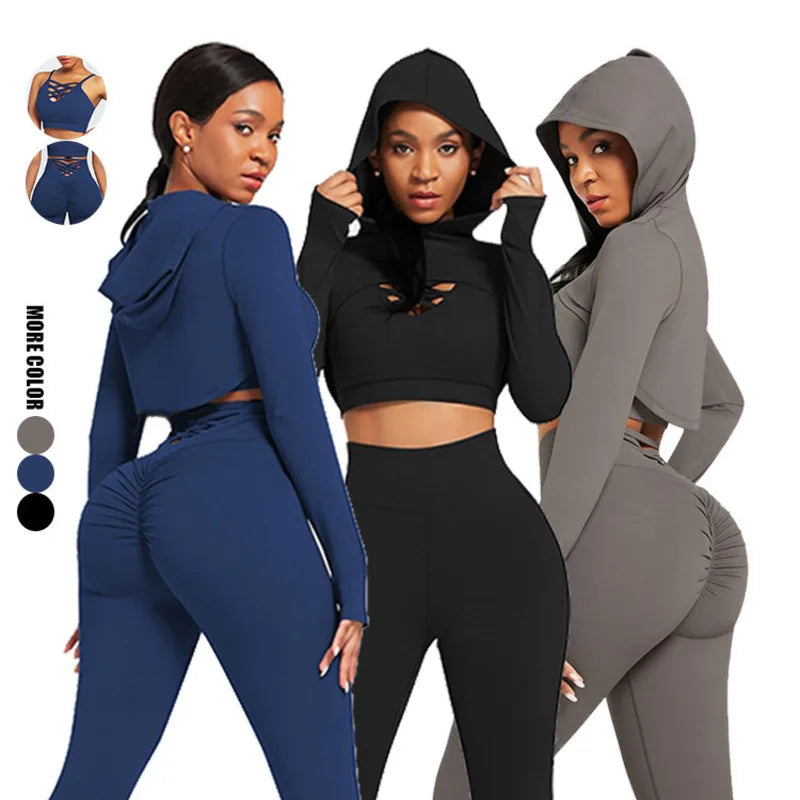 Fashionable Hot Selling Yoga Suit Set Cross Back Underwear Hooded Top Pants Three Piece Set Sports And Fitness Running Set