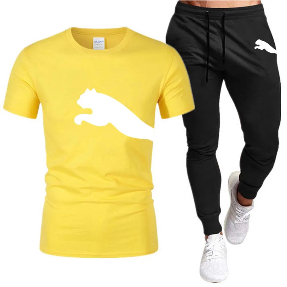 Men's Mesh T-shirt Sweatpants Suit Summer Fashion Casual Short-sleeved T-shirt Sportswear Outdoor Street Two-piece Set S-3XL