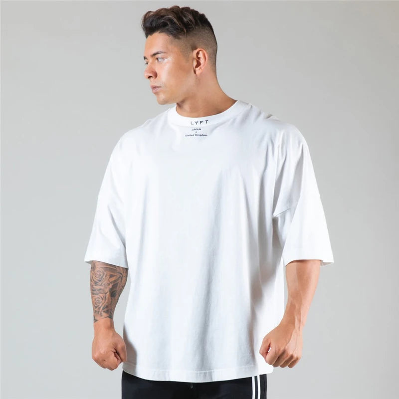 JAPAN&UK Cotton Gym Shirt Sport T Shirt Men Short Sleeve Running Shirt Men Workout Training Tees Fitness Loose large size M-XXXL