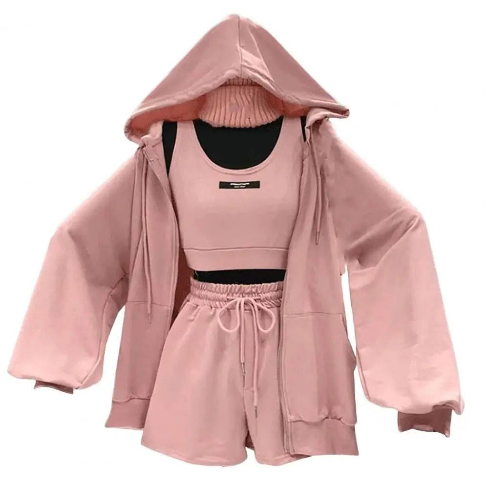 1 Set Women Sportswear  Long Sleeve   Women Coat Three Pieces Drawstring Shorts Vest Thin Coat Set