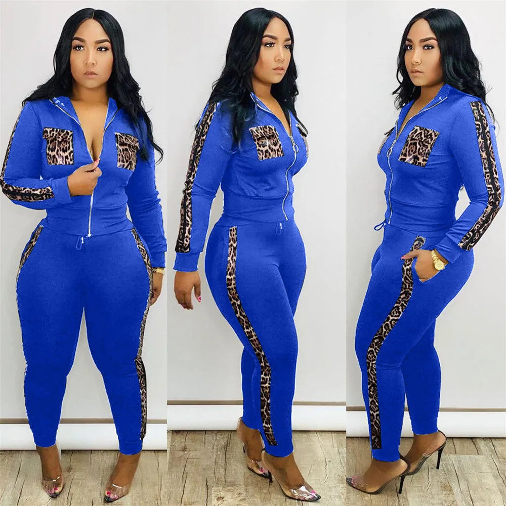 Tracksuit Women Leopard Print Splice Lounge Wear Two Piece Set Top and Pants Sweat Suits