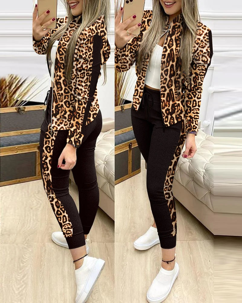 Spring Leisure Sports Zipper Tops Coat Pants 2 Two Pieces Sets For Women Striped Stitching Comfortable Activewear Sets