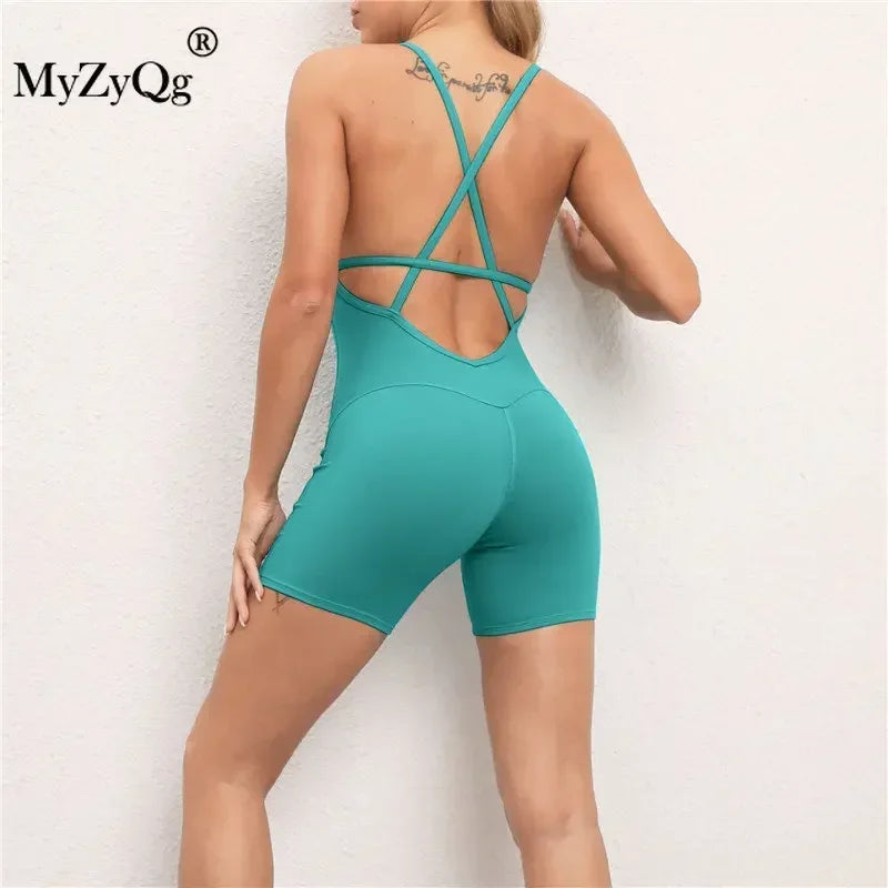 Women High Waist Cross Backless Bodysuit Streetwear Yoga Jumpsuit Sets Fitness Sports Running Set Tracksuit Gym Sportswear Tight