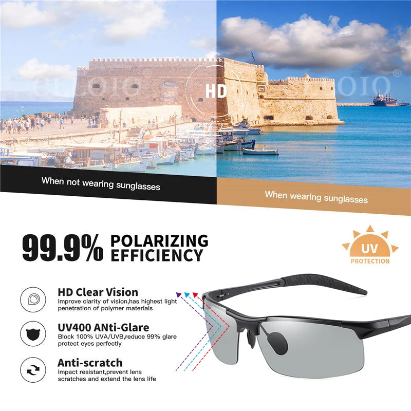 CLLOIO Aluminum Photochromic Sunglasses Men Polarized Day Night Driving Chameleon Glasses Anti-Glare Change Color Sun Glasses UV