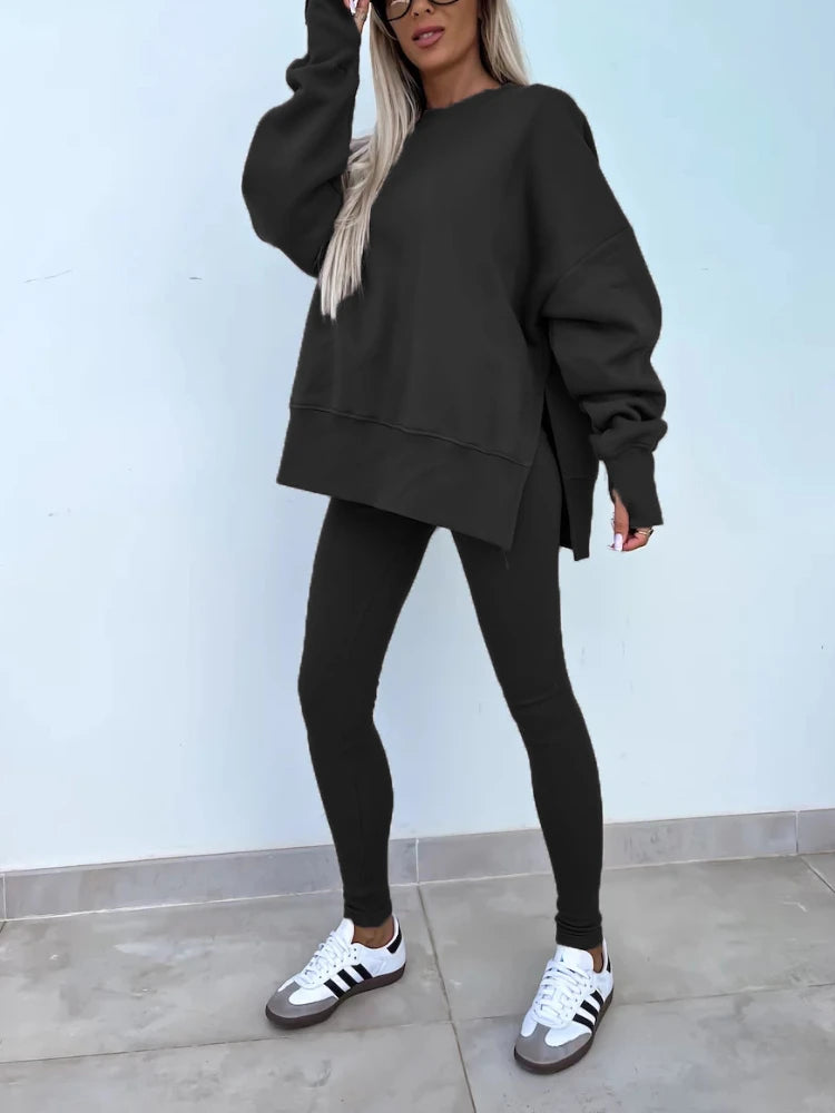 New in Women Tracksuit 2 Piece Sets Autumn Casual Oversized Sweatshirts Slit Fitness Slim High Waist Leggings Hoodie Set Female