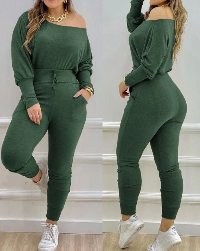 Women's Pants Outfits Daily New Fashion 2 Piece Skew Neck Knitted Lounge Set Long-Sleeve Drawstring Top & Casual Fall Sweatsuit