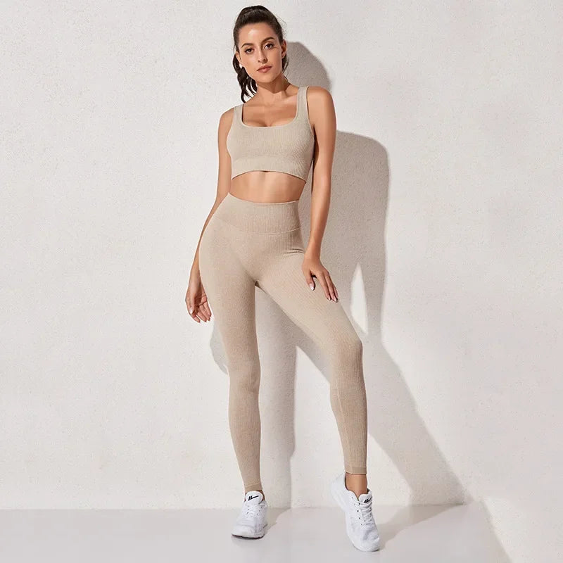 Women's Sportswear Yoga Set Workout Clothes Athletic Wear Gym Legging Seamless Bra Crop Top Long Sleeve Yoga Suit