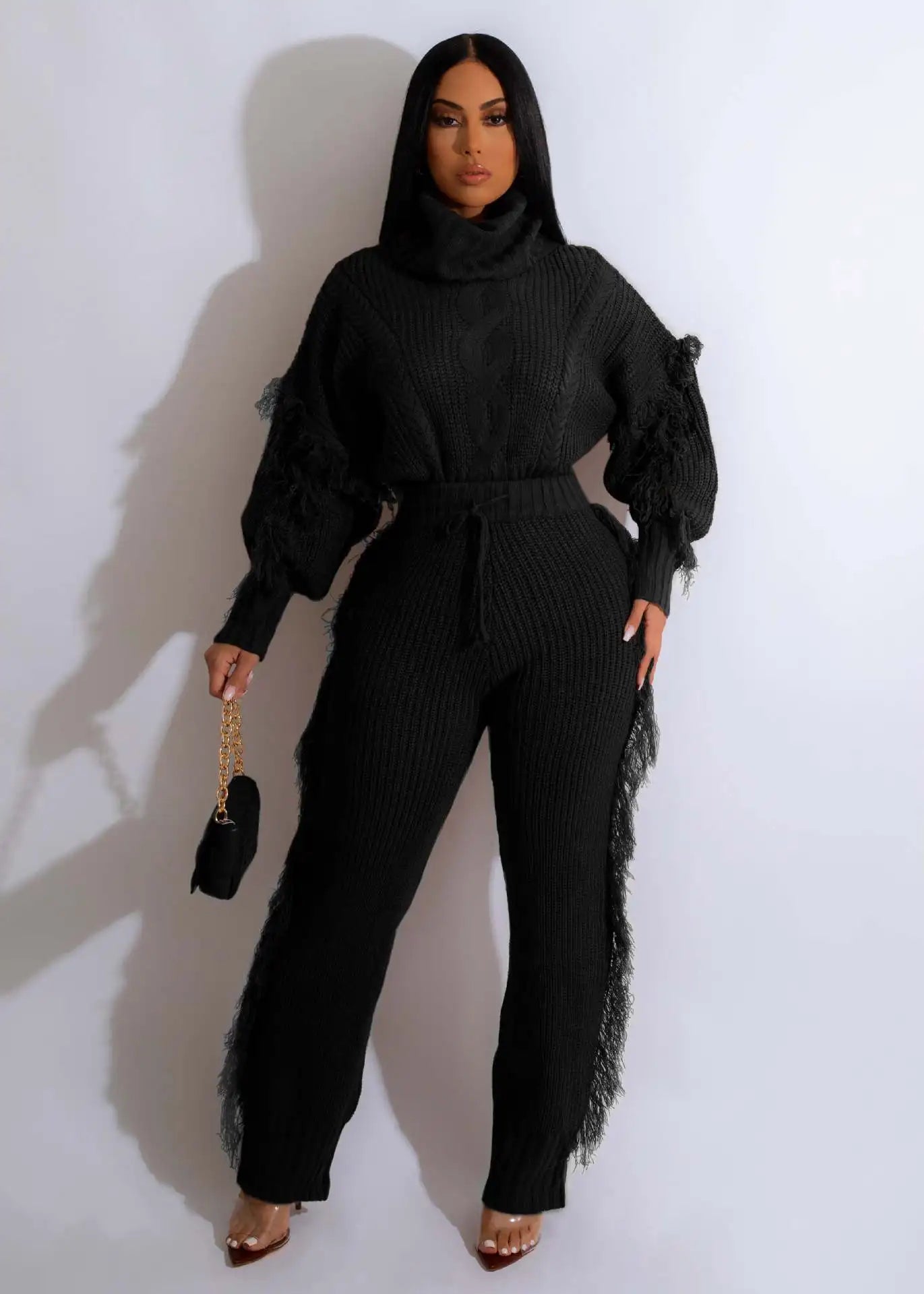 Knit Sweater Set Women Tracksuit Autumn Tassel Sleeve Turtleneck Pullover Tassel Side Pants Suit Casual Warm Two 2 Piece Outfits