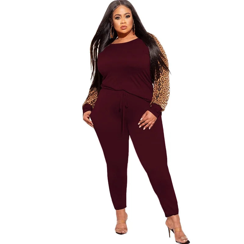 Plus Size Sets 2 Piece Outfit Women Fall Clothes Sweatsuit Tracksuit Leopard Patchwork Crop Top Leggings.