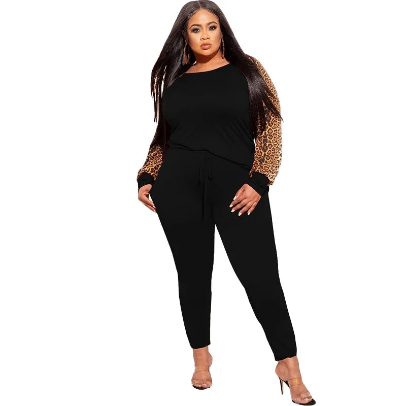 Plus Size Sets 2 Piece Outfit Women Fall Clothes Sweatsuit Tracksuit Leopard Patchwork Crop Top Leggings.