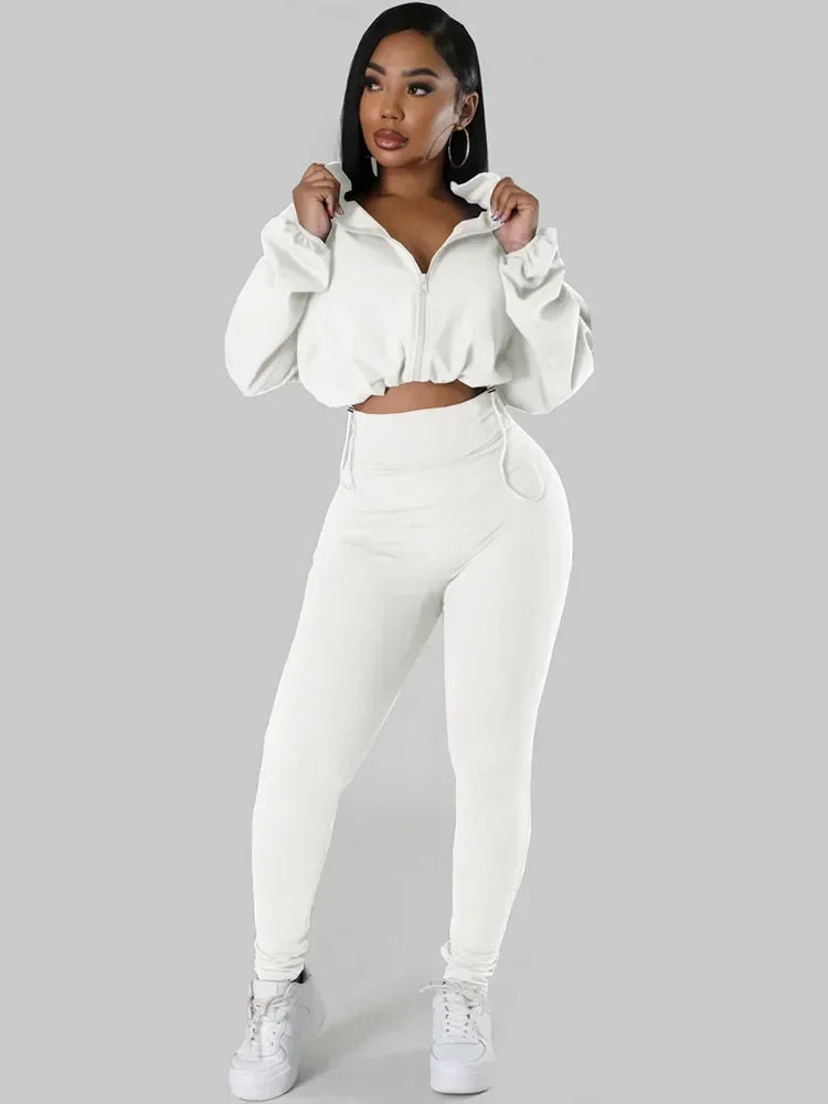 Solid Sporty Two Piece Set for Women Tracksuit Casual Fitness Workout Zipper Bomber Jacket Top and Sweatpants Matching Sets