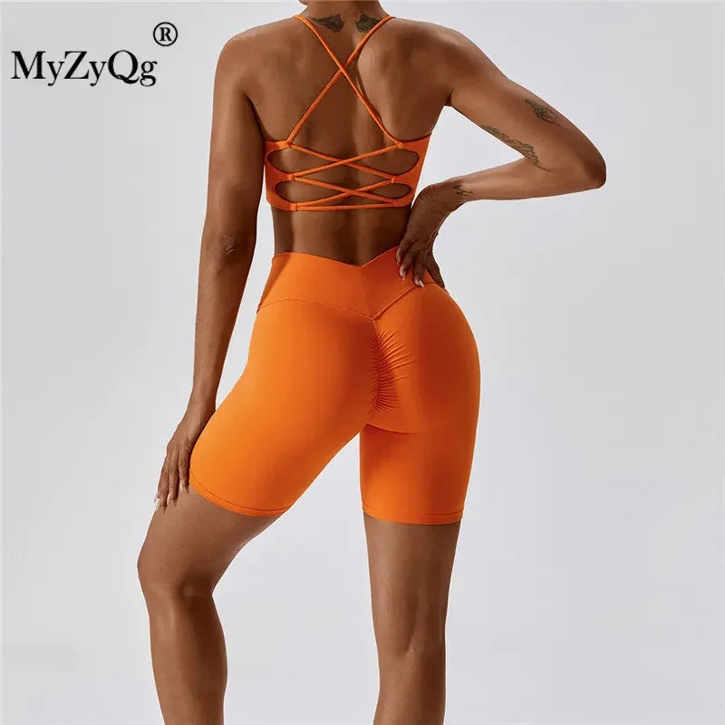 MyZyQg Women 2 Pcs Set Yoga Pilate Bra Beauty Back Cross Leggings Running Sports Underwear Quick Dry Tight Fitness Short Suit