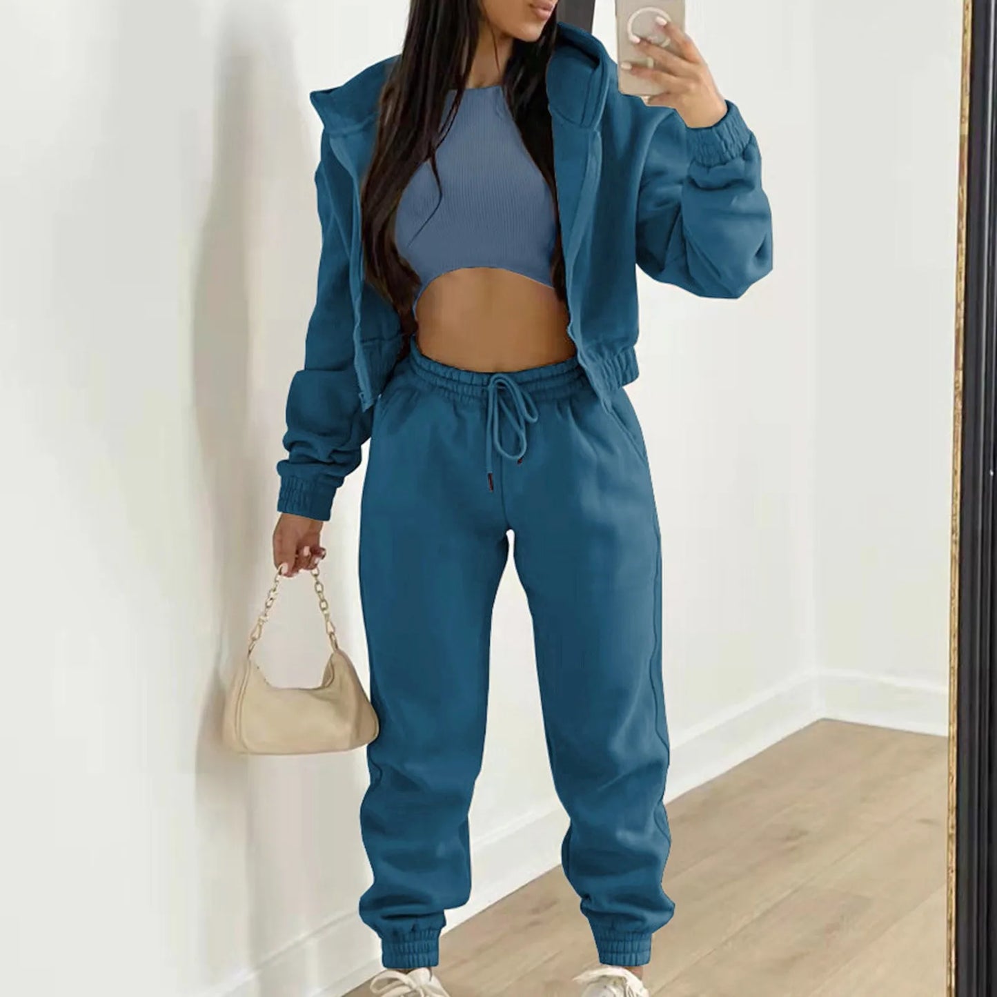 Fashion Women 3 Piece Sets Long Sleeve Zip Hoodies+Ribbed Tank+High Waist Sweatpants Jogger Pant Suit Sporty Three Pieces Outfit