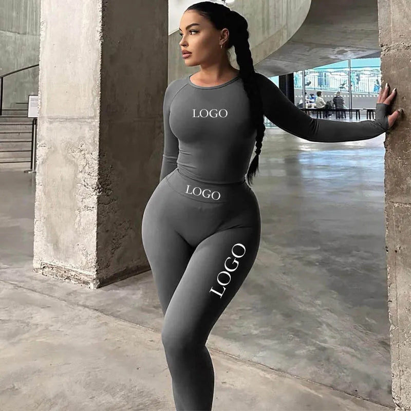 Long sleeved Top Slim Fit High Elasticity Sports Yoga Pants Set Sports Cycling Two Piece Set