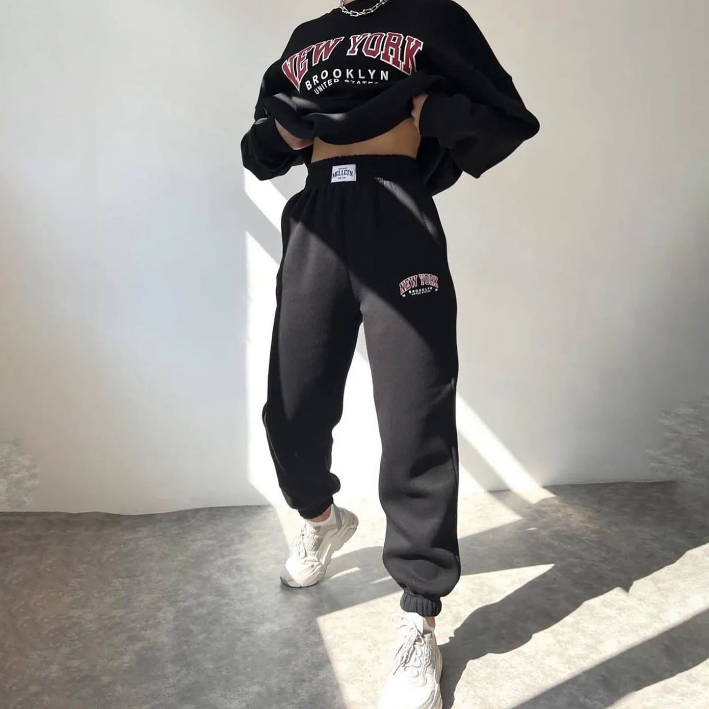 Pants Set Tracksuit Women Two Piece Set Fleece-Lined Solid Warm Suits Hoodies Sweatpants Oversize Pullovers Long Pant Streetwear