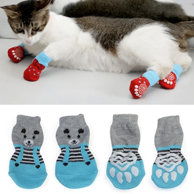 4Pcs Warm Puppy Dog Shoes Soft Pet Knits Socks Cute Cartoon Anti Slip Skid Socks Breathable Pet Products S/M/L Puppy Dog Socks