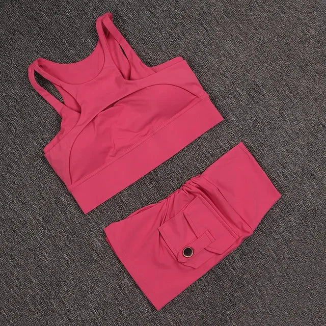 Women's Tracksuit Shorts Yoga Set With Pocket High Waist Sportswear Bra Fitness Workout Leggings Cycling Gym Shorts Sports Suit