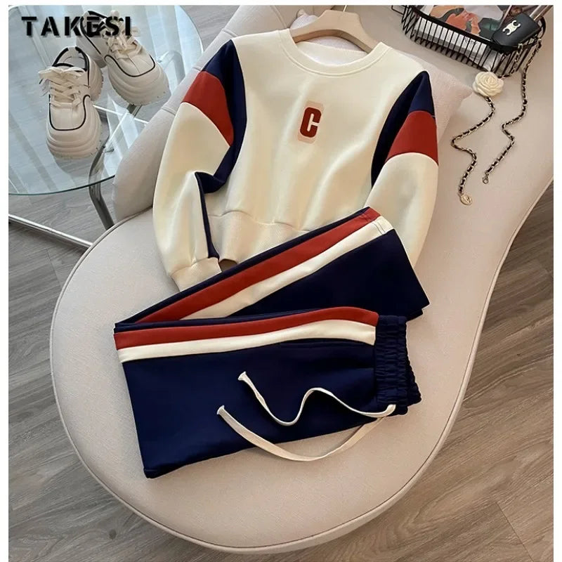 Casual Sporty Two-piece Set Women Letter Print O-neck Sweatshirt + Drawstring Trousers Sets Sports Pants Suits