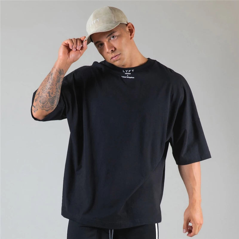 JAPAN&UK Cotton Gym Shirt Sport T Shirt Men Short Sleeve Running Shirt Men Workout Training Tees Fitness Loose large size M-XXXL