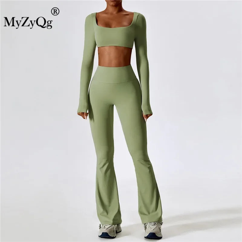 MyZyQg Women Autumn Shock-proof Two Piece Yoga Suit Quick Dry Fitness Casual Sports Long Sleeve T-shirts Flare Pant Set