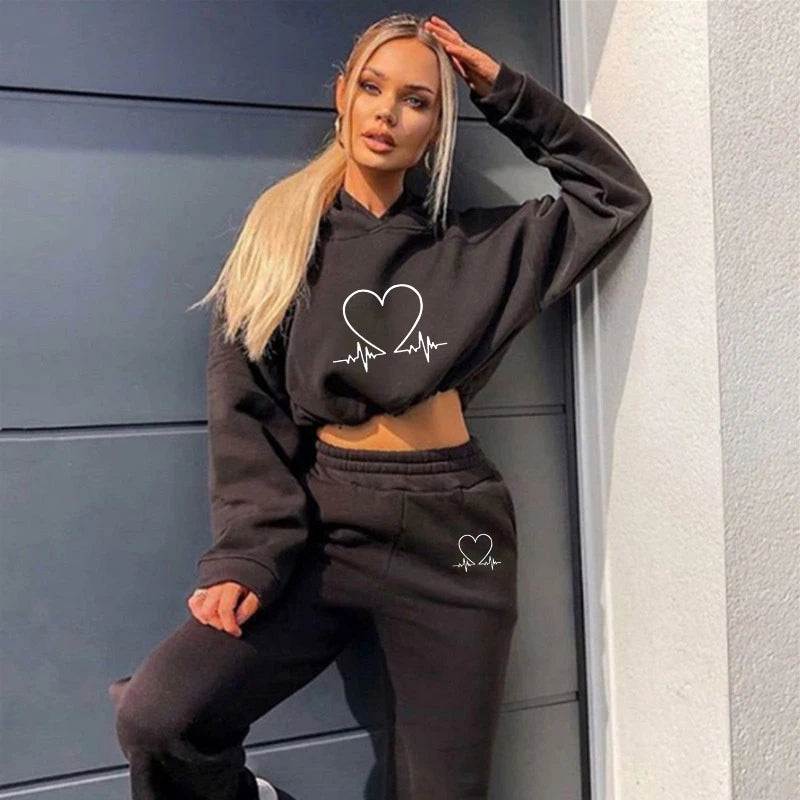 Autumn Popular Womens Tracksuit Printing Short Tops Long Sleeves Hooded Sweatshirt Suit Casual Jogging Sweatpants 2 Piece Set