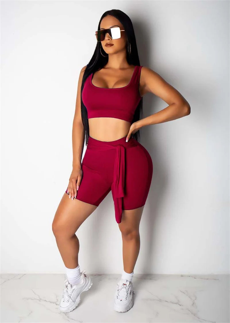 Summer Trachsuit Women Two Piece Suits Sporty Outfits U-neck Tank Crop Top and Lace-up Shorts Casual Fitness Matching Sets Yoga