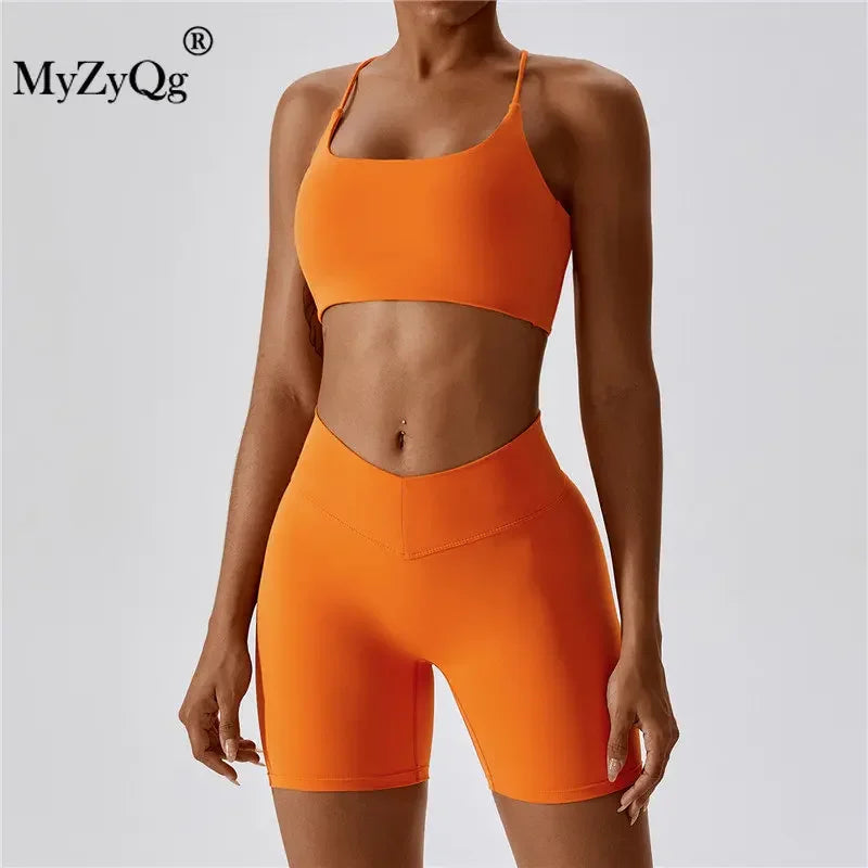 MyZyQg Women 2 Pcs Set Yoga Pilate Bra Beauty Back Cross Leggings Running Sports Underwear Quick Dry Tight Fitness Short Suit