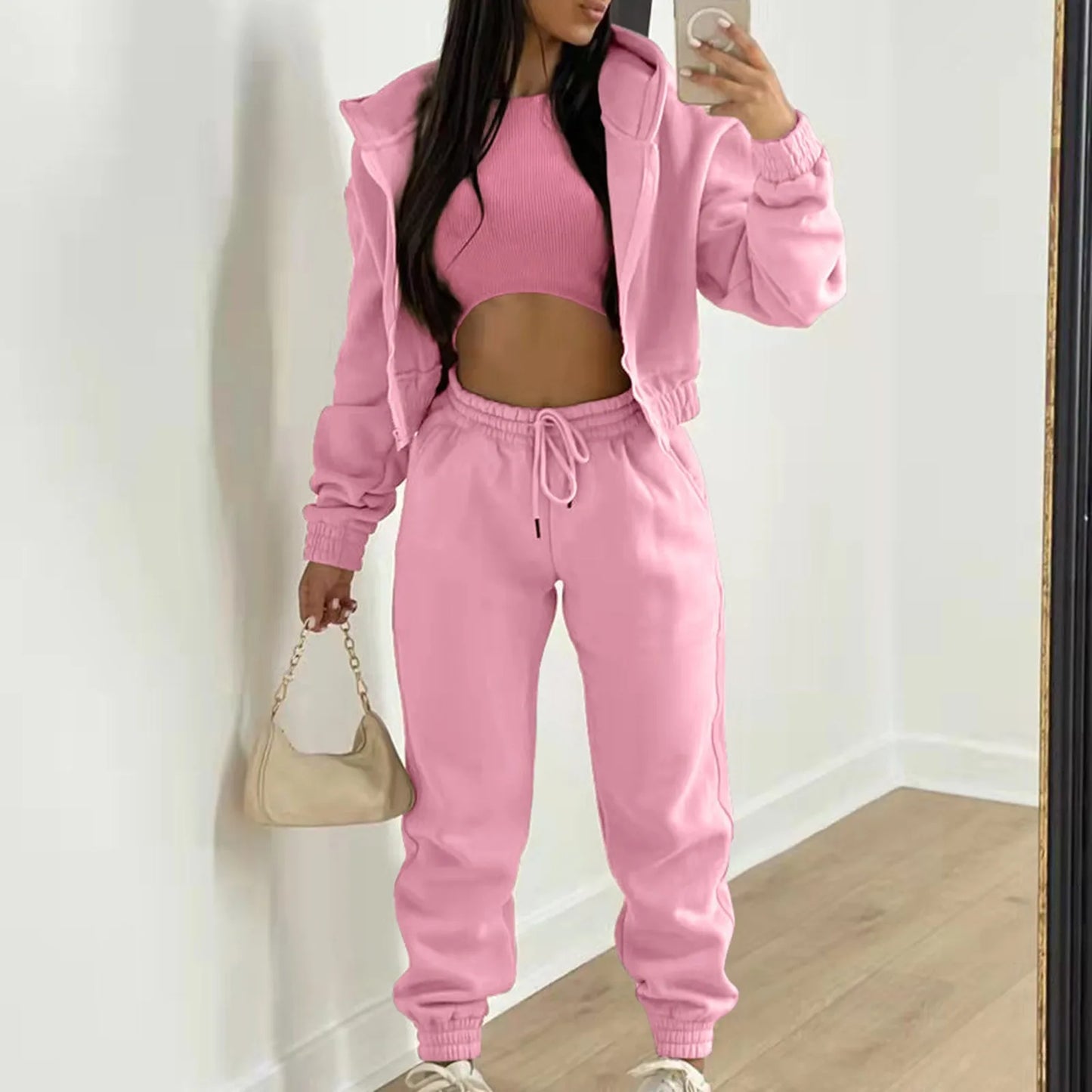 Fashion Women 3 Piece Sets Long Sleeve Zip Hoodies+Ribbed Tank+High Waist Sweatpants Jogger Pant Suit Sporty Three Pieces Outfit