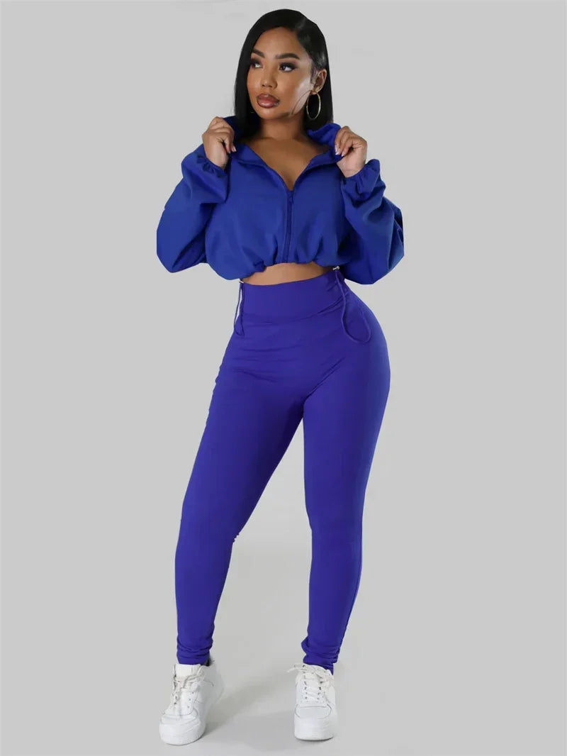 Solid Sporty Two Piece Set for Women Tracksuit Casual Fitness Workout Zipper Bomber Jacket Top and Sweatpants Matching Sets