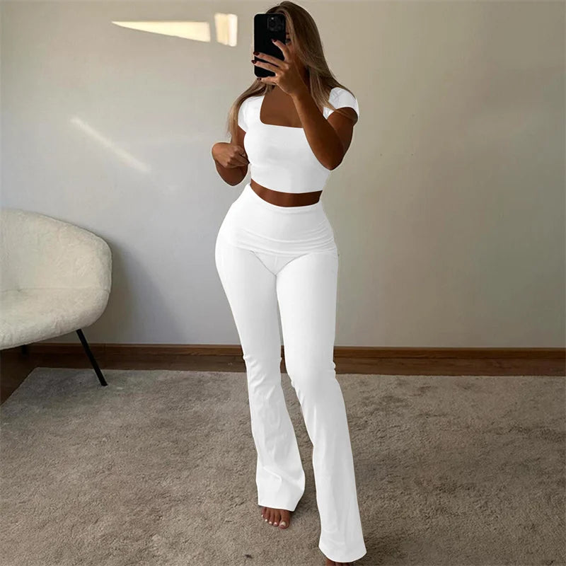 Solid Casual Matching Set Outfits for Women Two Piece Set Sporty Fitness Workout Crop Top and Flare Pants Track Suit Yoga Femme