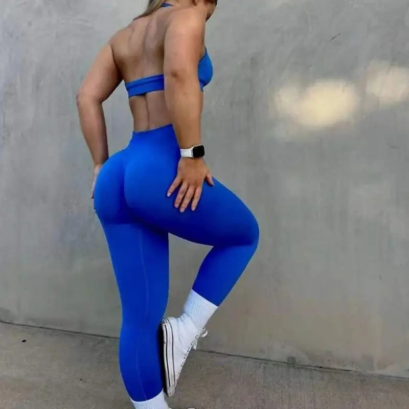 2 Pieces Seamless Impact Yoga Set Workout Scrunch Bum Shorts Leggings Set Halter Sports Bra Fitness Top Gym Clothes Sportswear