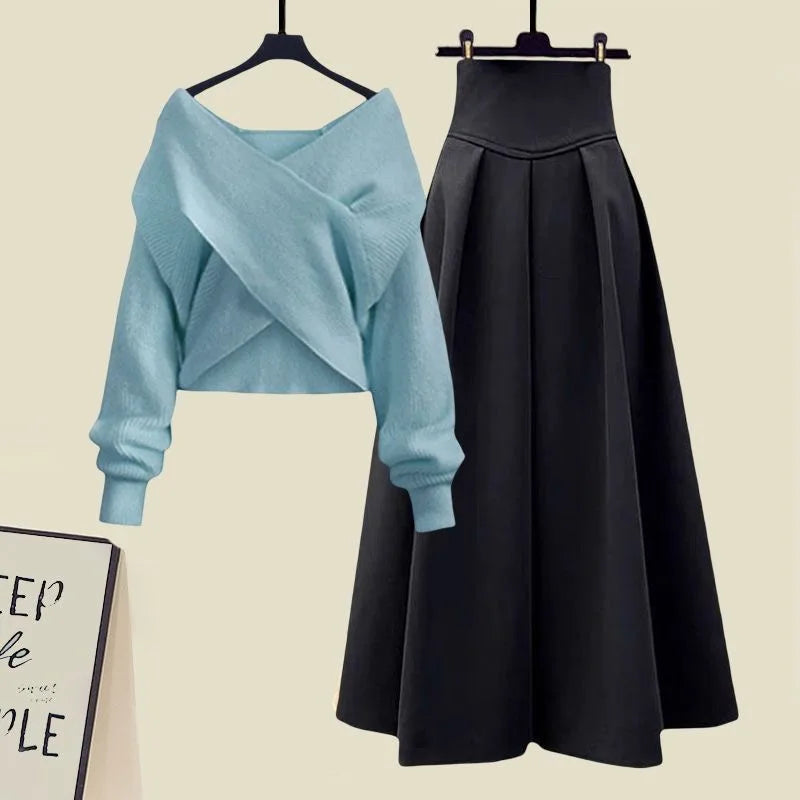 Korean Style Autumn New Chest Cross Knitted Sweater Pullover Pleated Half Skirt Two-piece Set Fashionable Women's Skirt Set