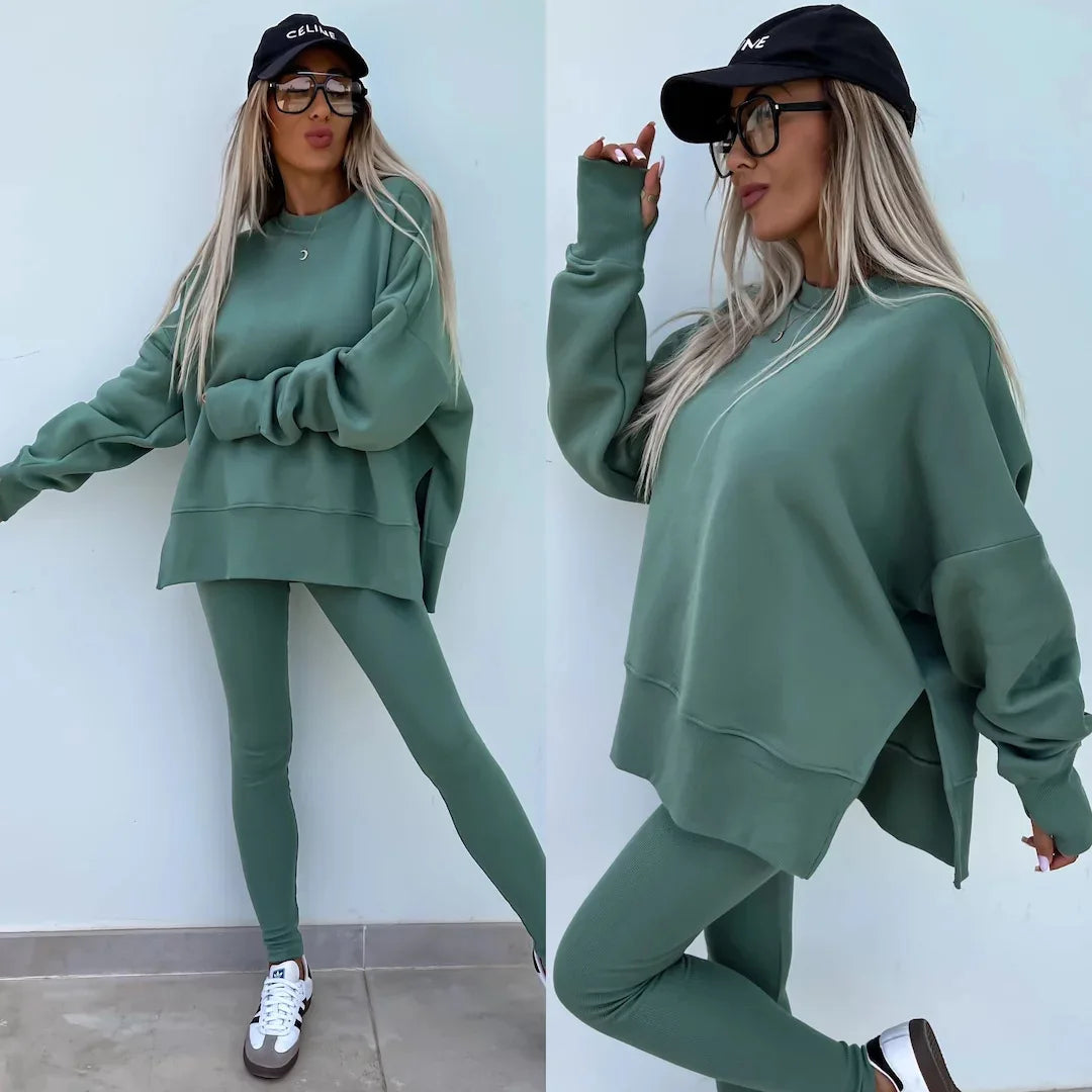 Casual Hooded Tight Pencil Pants Women's 2-piece Set Sweatshirt Autumn Long-sleeved Loose O Neck Top Trousers Yoga Sports Suit