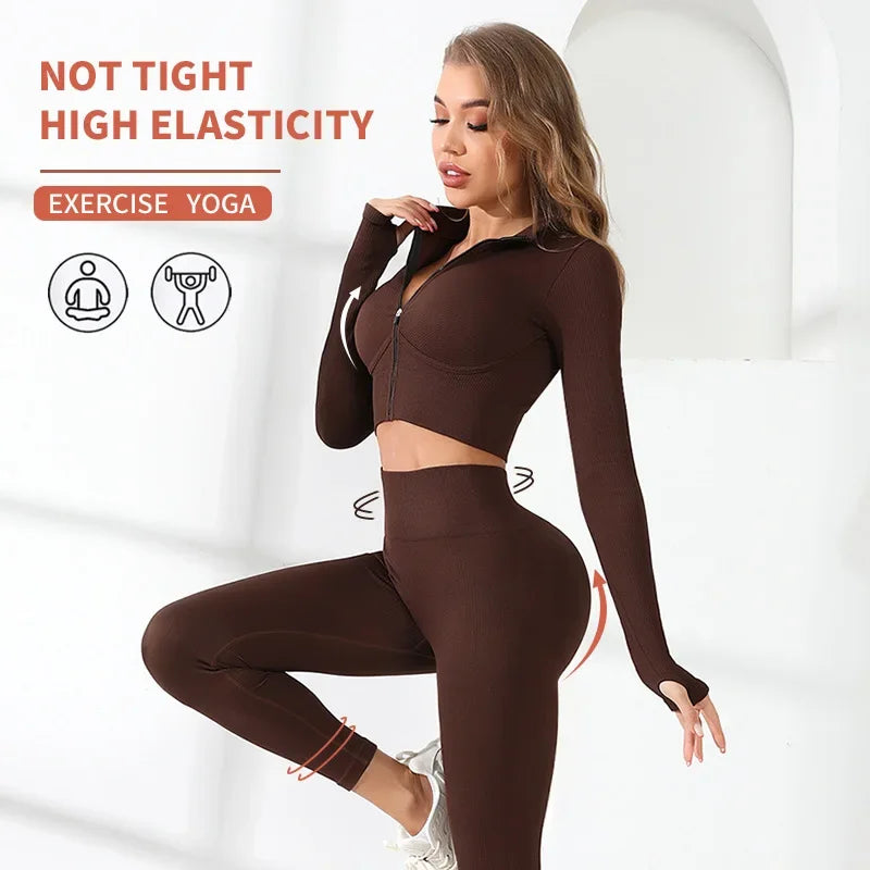 Seamless Sport Set Women Workout Clothes Gym Yoga Set Tracksuit Zipper Long Sleeve Crop Top Leggings Active Wear Running Suit