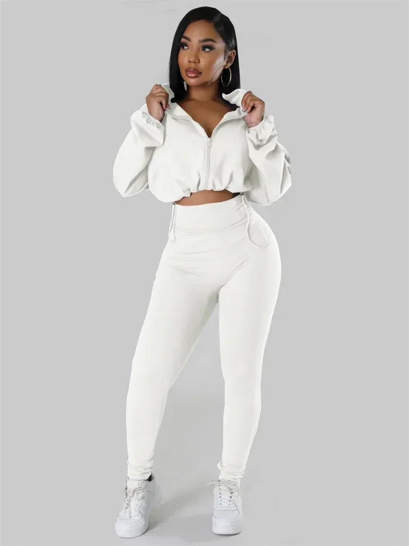 Solid Sporty Two Piece Set for Women Tracksuit Casual Fitness Workout Zipper Bomber Jacket Top and Sweatpants Matching Sets