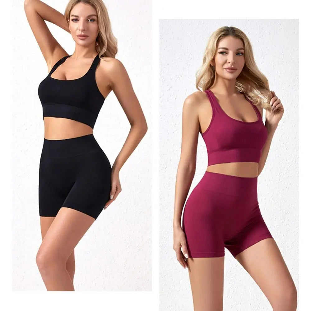 2Pcs High Waist Short Workout Outfits Ribbed Seamless Tracksuit Leggings Sleeveless Crop Matching Active Set Biker