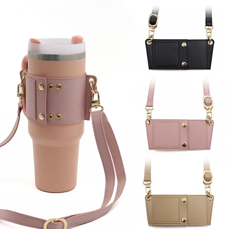 Water Bottle Handle Shoulder Strap Universal Water Bottle Carrier Travel PU Leather Coffee Mug Holder for Stanley 30oz/40oz Cup