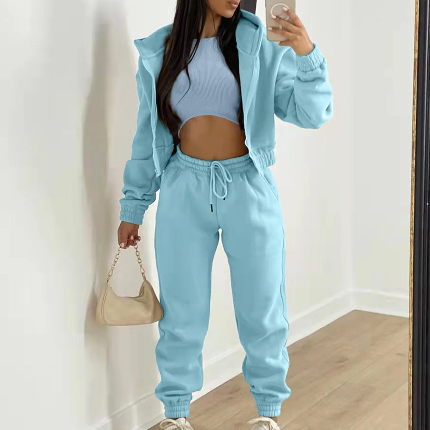 Fashion Women 3 Piece Sets Long Sleeve Zip Hoodies+Ribbed Tank+High Waist Sweatpants Jogger Pant Suit Sporty Three Pieces Outfit