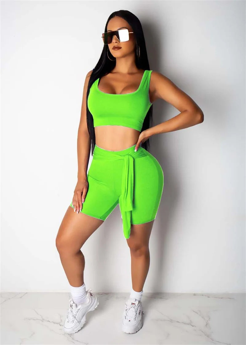 Summer Trachsuit Women Two Piece Suits Sporty Outfits U-neck Tank Crop Top and Lace-up Shorts Casual Fitness Matching Sets Yoga