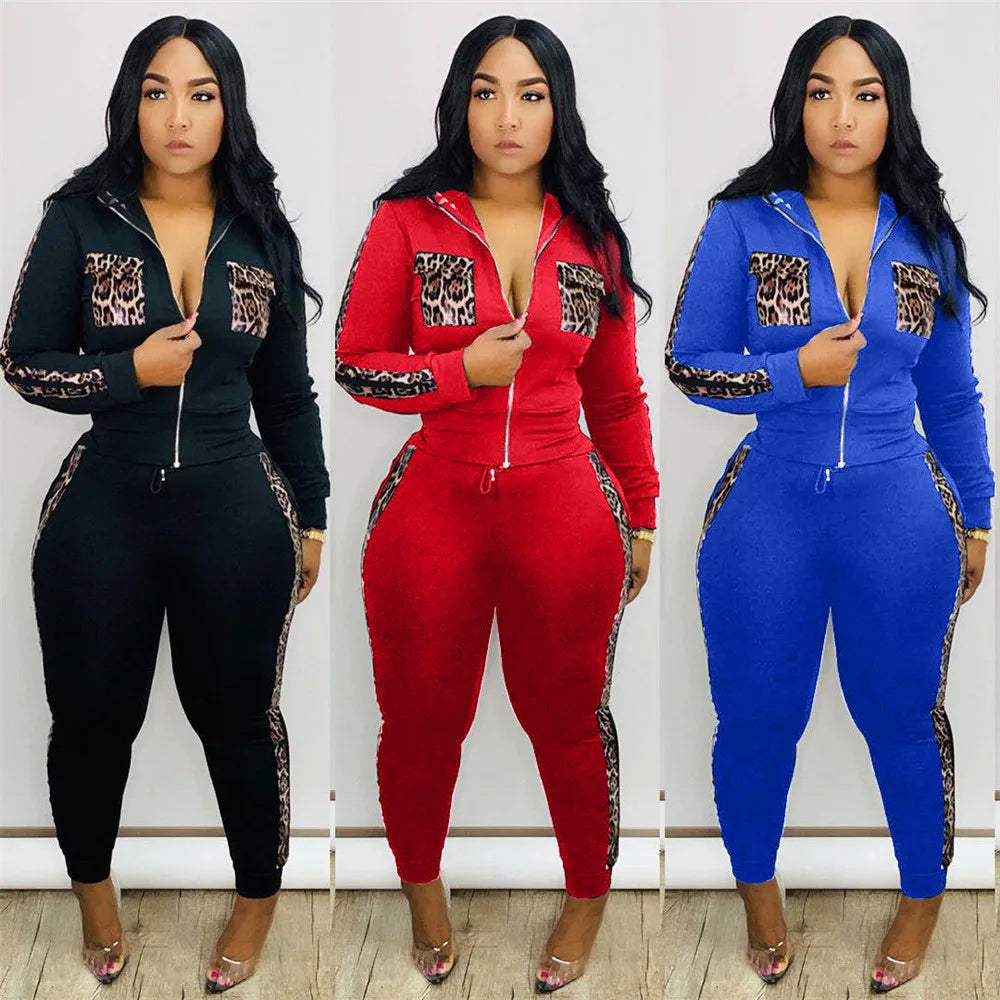 Tracksuit Women Leopard Print Splice Lounge Wear Two Piece Set Top and Pants Sweat Suits