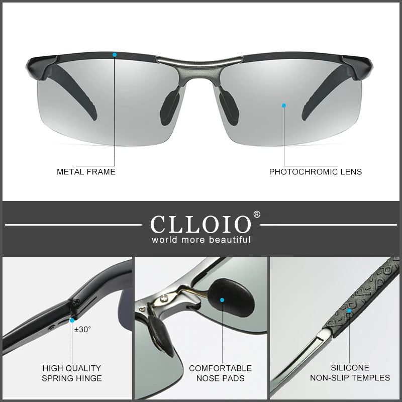 CLLOIO Aluminum Photochromic Sunglasses Men Polarized Day Night Driving Chameleon Glasses Anti-Glare Change Color Sun Glasses UV