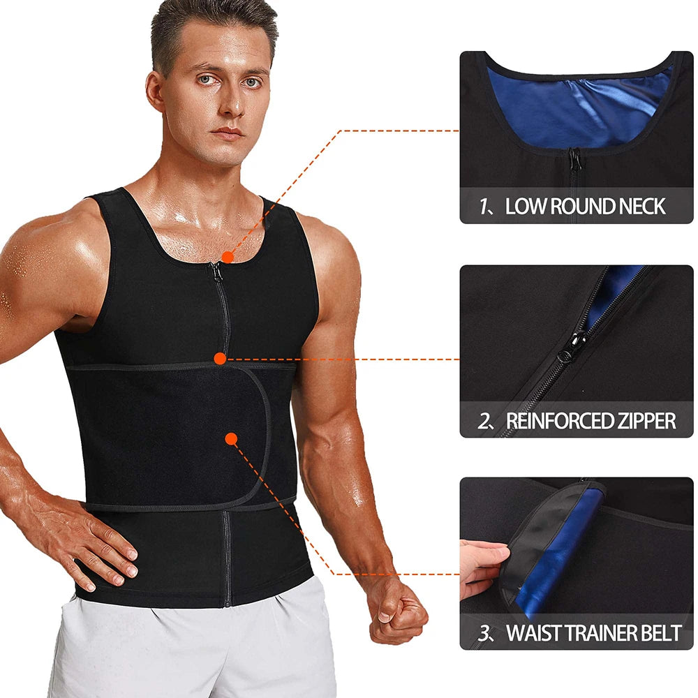 Sauna Vest for Men Waist Trainer Vest with Zipper Workout Sauna Suit Adjustable Waist Trimmer Belt Sweat Enhancing Body Shaper