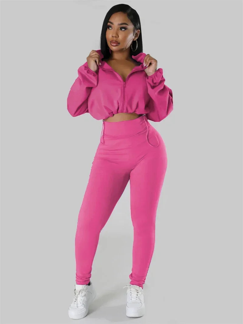 Solid Sporty Two Piece Set for Women Tracksuit Casual Fitness Workout Zipper Bomber Jacket Top and Sweatpants Matching Sets