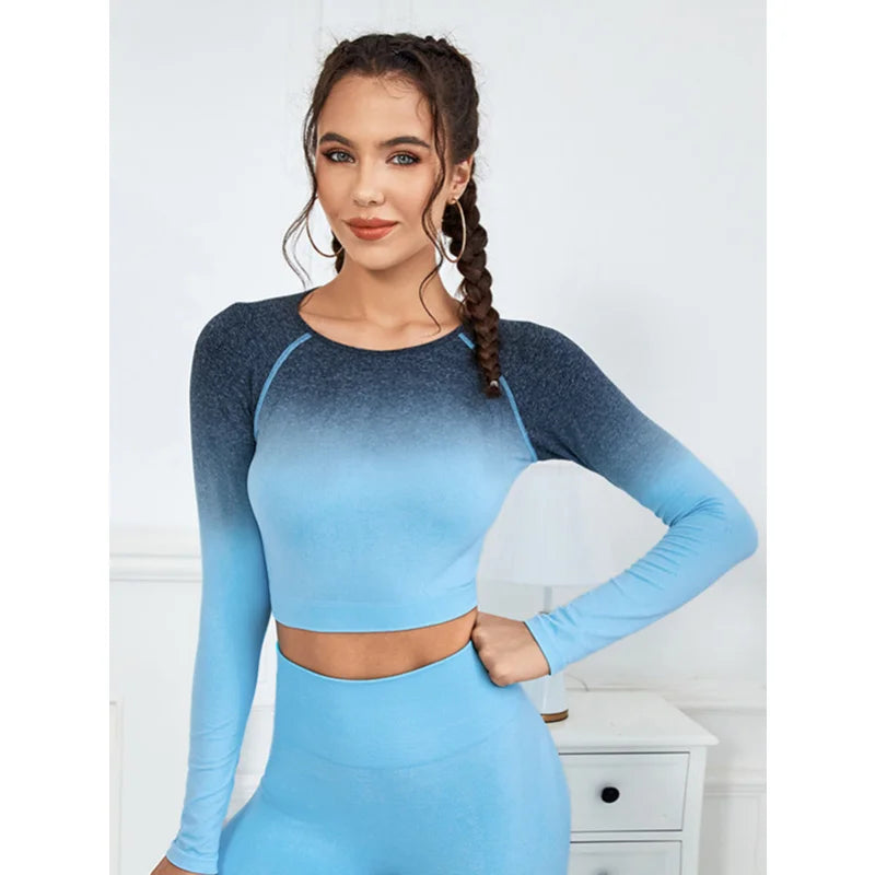 Gymdolphis 2024 New Fashion Gradient Color Slim Fit Yoga Suit Spring Summer Long Sleeves Top & Leggings Fitness Sets For Women