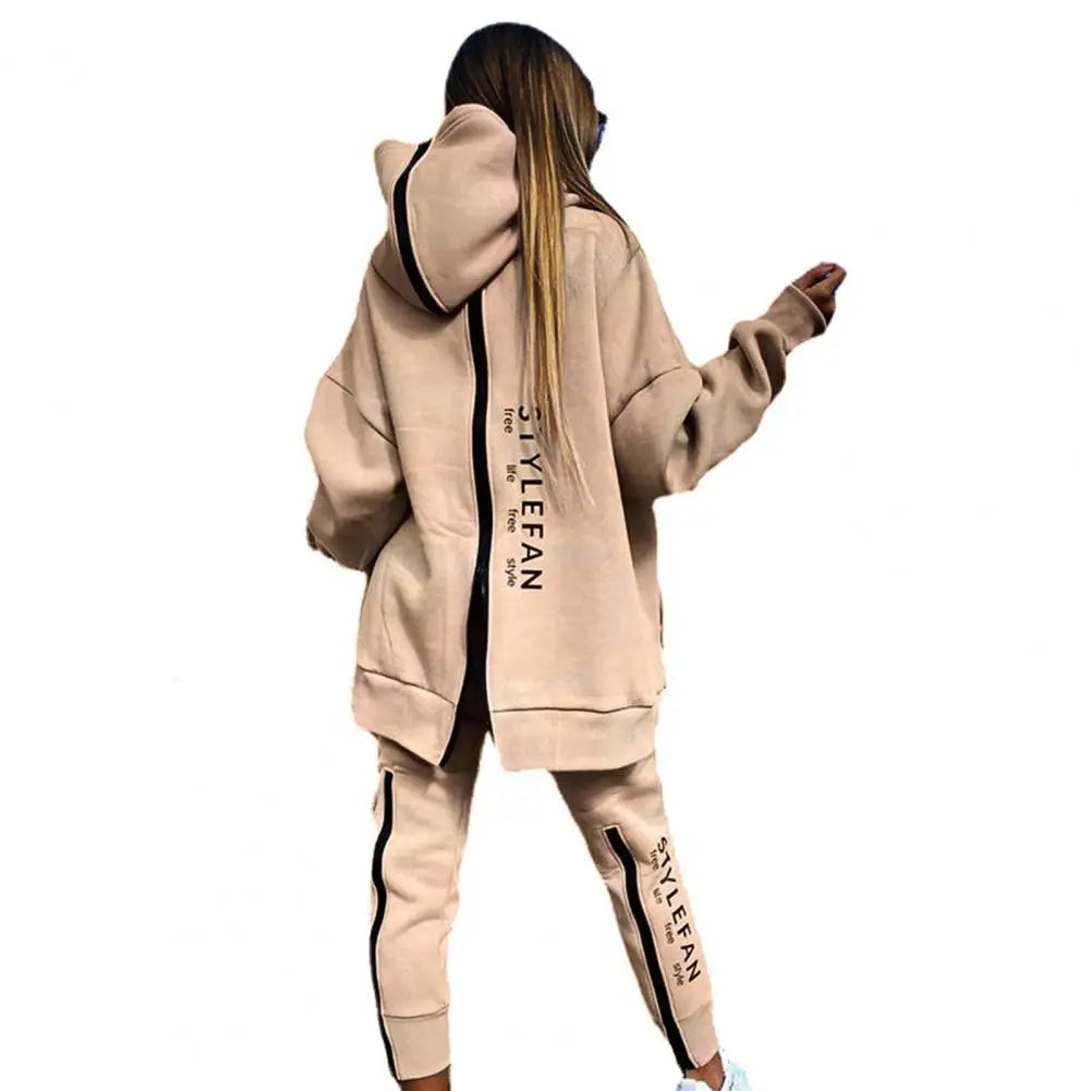 Windproof Women Tracksuit Breathable Cold Resistant Fashion Winter Letter Print Loose Fit Hoodie Jacket Sweatpants Set