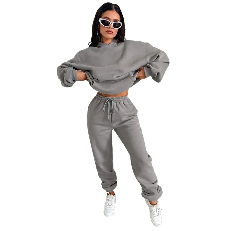 Womens Fleece 2 Piece Outfits Lounge Hoodie Sweatsuit Sets Oversized Sweatshirt Baggy Fall Fashion Sweatpants With Pockets