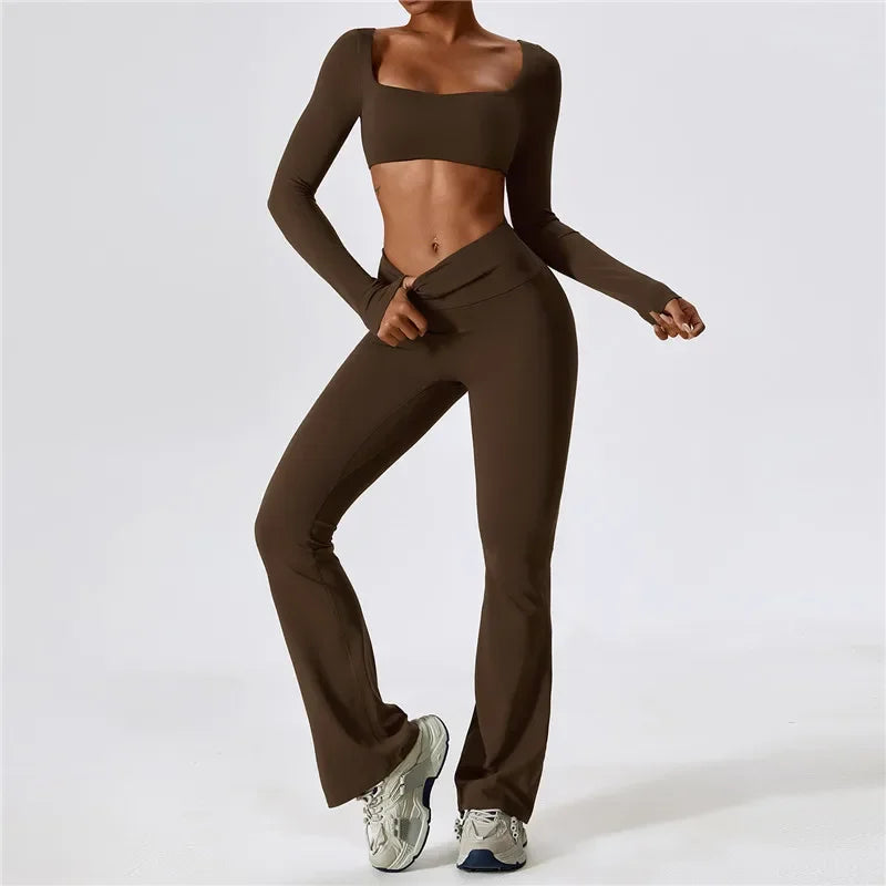 MyZyQg Women Autumn Shock-proof Two Piece Yoga Suit Quick Dry Fitness Casual Sports Long Sleeve T-shirts Flare Pant Set